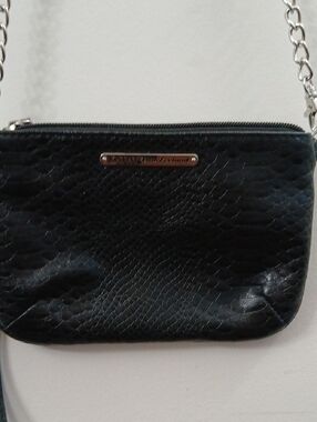 Kathy Van Zeeland Black Faux-Snake Crossbody with Silver Chain